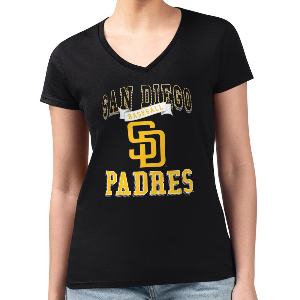 San Diego Padres G-III 4Her by Carl Banks Women's Super-Slim Fit Lightweight Team Logo Graphic V-Neck T-Shirt - Black T-shirts