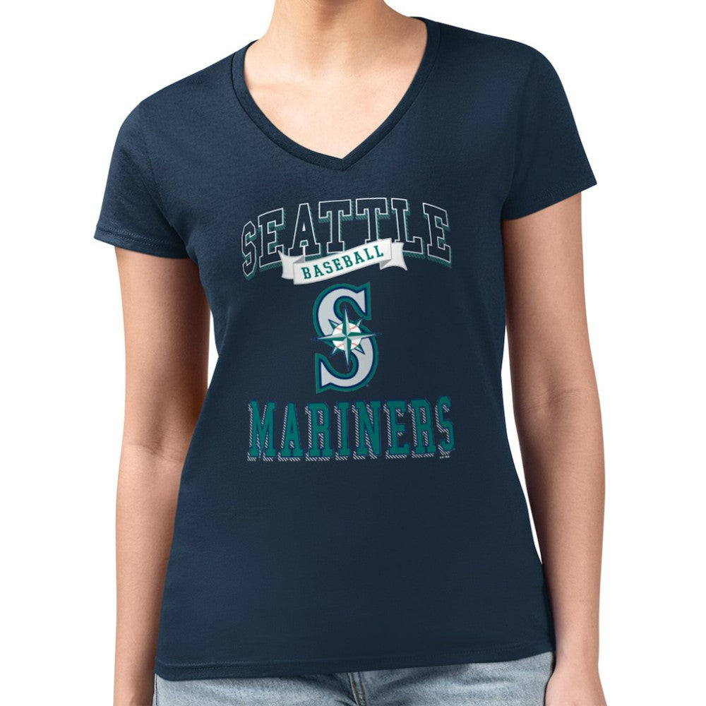 Seattle Mariners G-III 4Her by Carl Banks Women's Super-Slim Fit Lightweight Team Logo Graphic V-Neck T-Shirt - Navy T-shirts