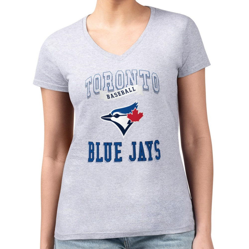 Toronto Blue Jays G-III 4Her by Carl Banks Women's Super-Slim Fit Lightweight Team Logo Graphic V-Neck T-Shirt - Heather Gray T-shirts
