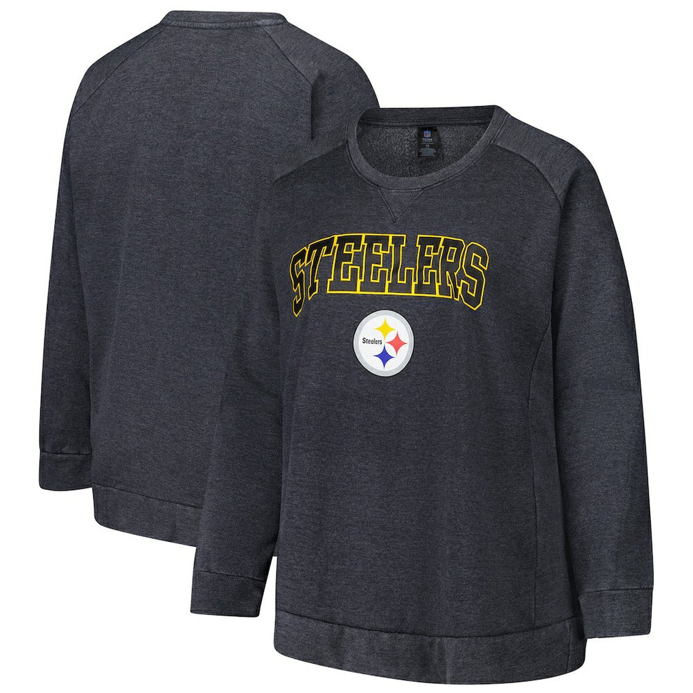 Pittsburgh Steelers Profile Women's Plus Size Acid Wash Raglan Sweatshirt Charcoal