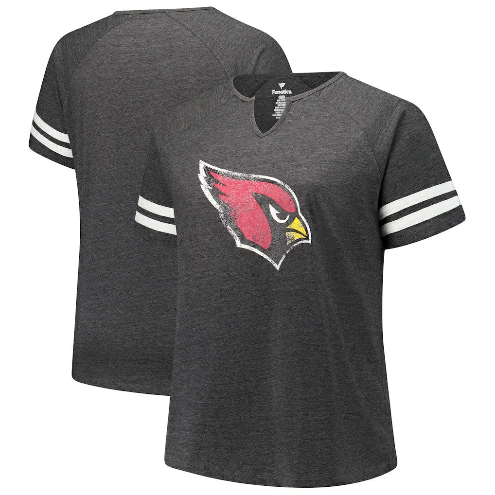 Arizona Cardinals Women's Plus Size Logo Striped Raglan Notch Neck T-Shirt Charcoal