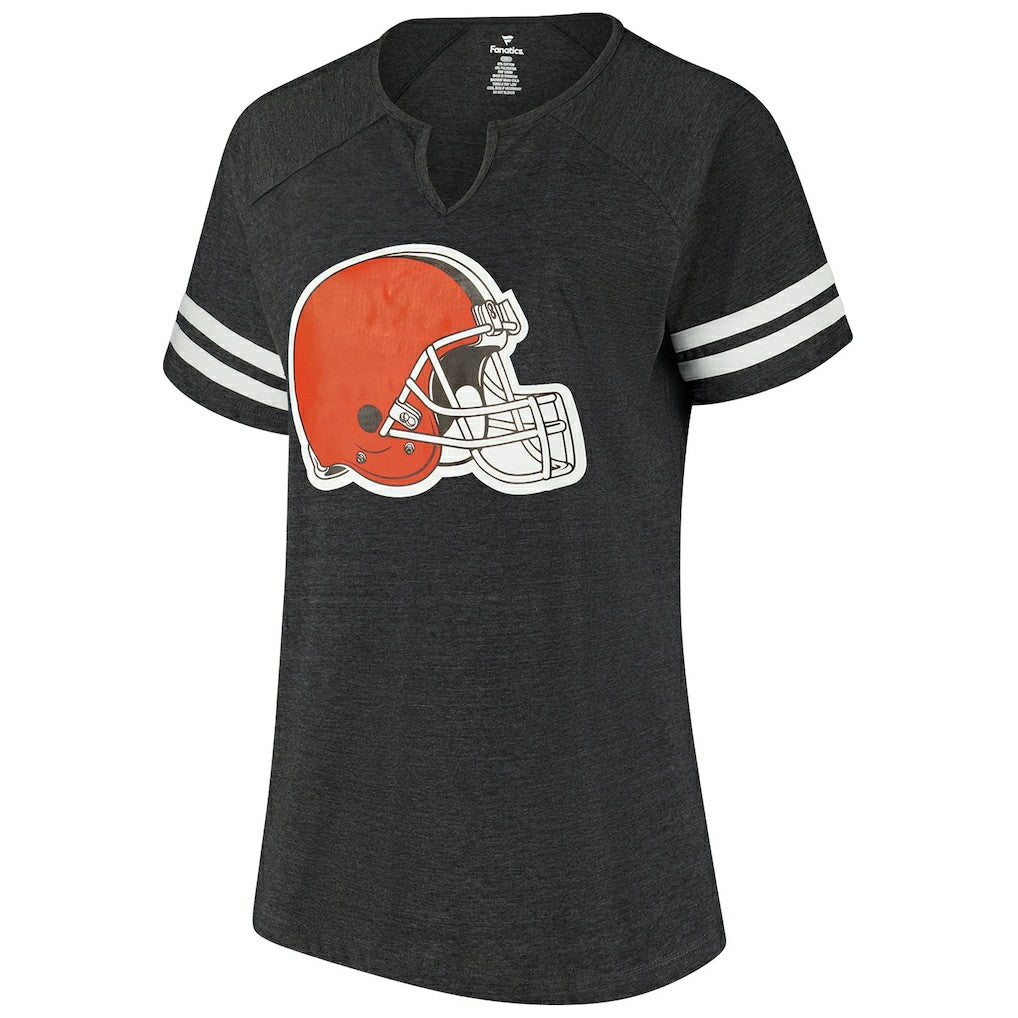 Cleveland Browns Women's Plus Size Logo Striped Raglan Notch Neck T-Shirt Charcoal