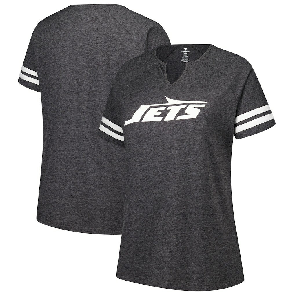 New York Jets Women's Plus Size Logo Striped Raglan Notch Neck T-Shirt Charcoal