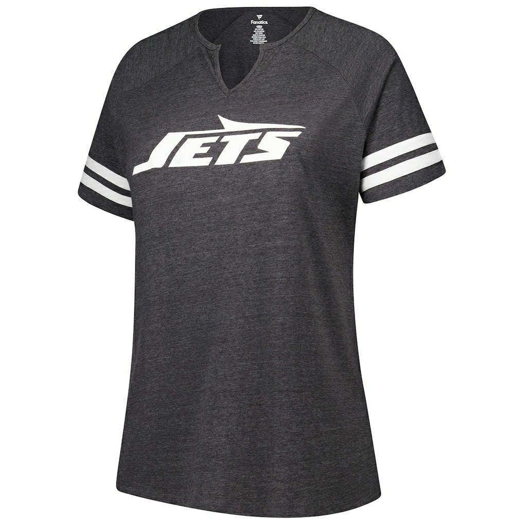 New York Jets Women's Plus Size Logo Striped Raglan Notch Neck T-Shirt Charcoal