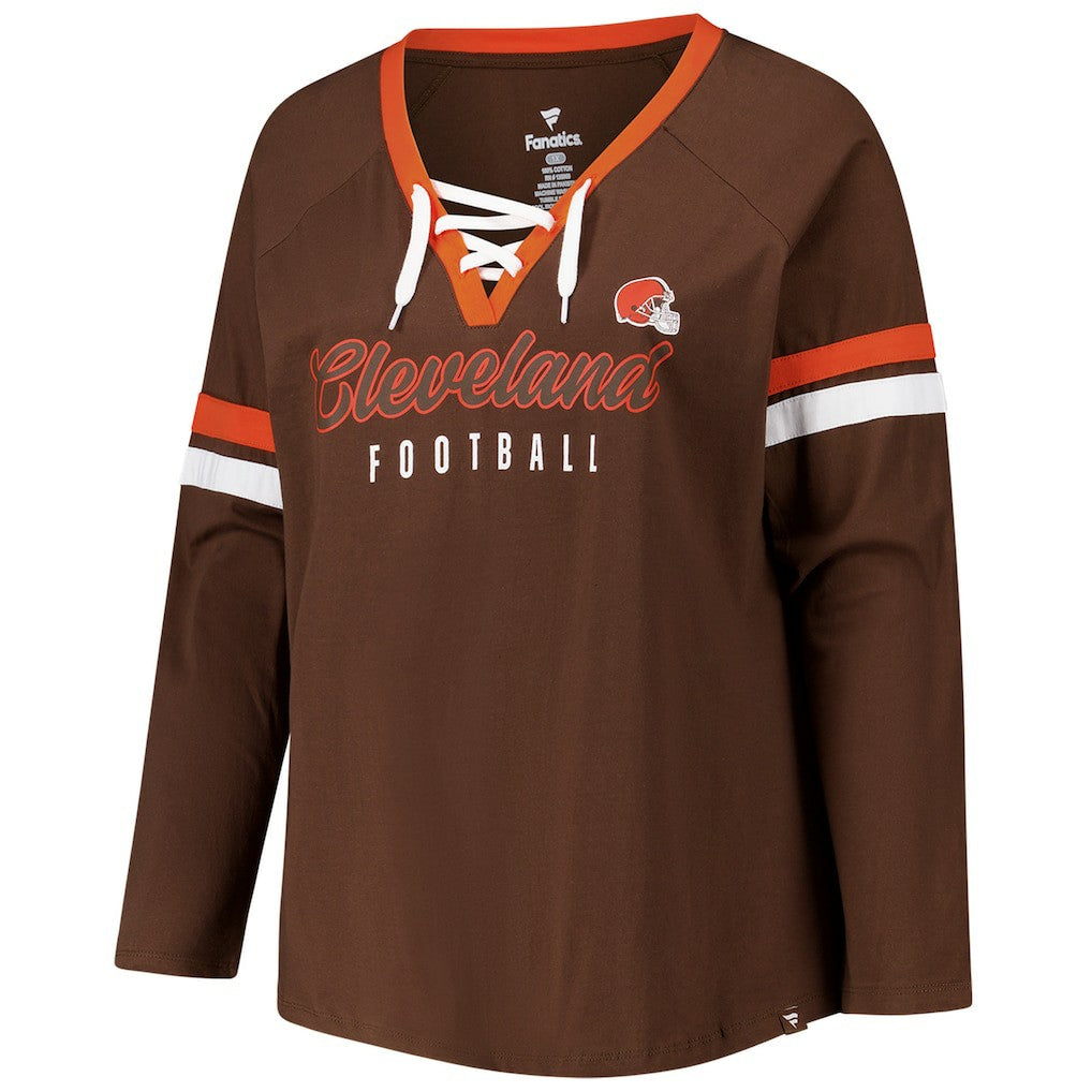 Cleveland Browns Women's Plus Size Won & Done Lace-Up V-Neck Long Sleeve T-Shirt Brown
