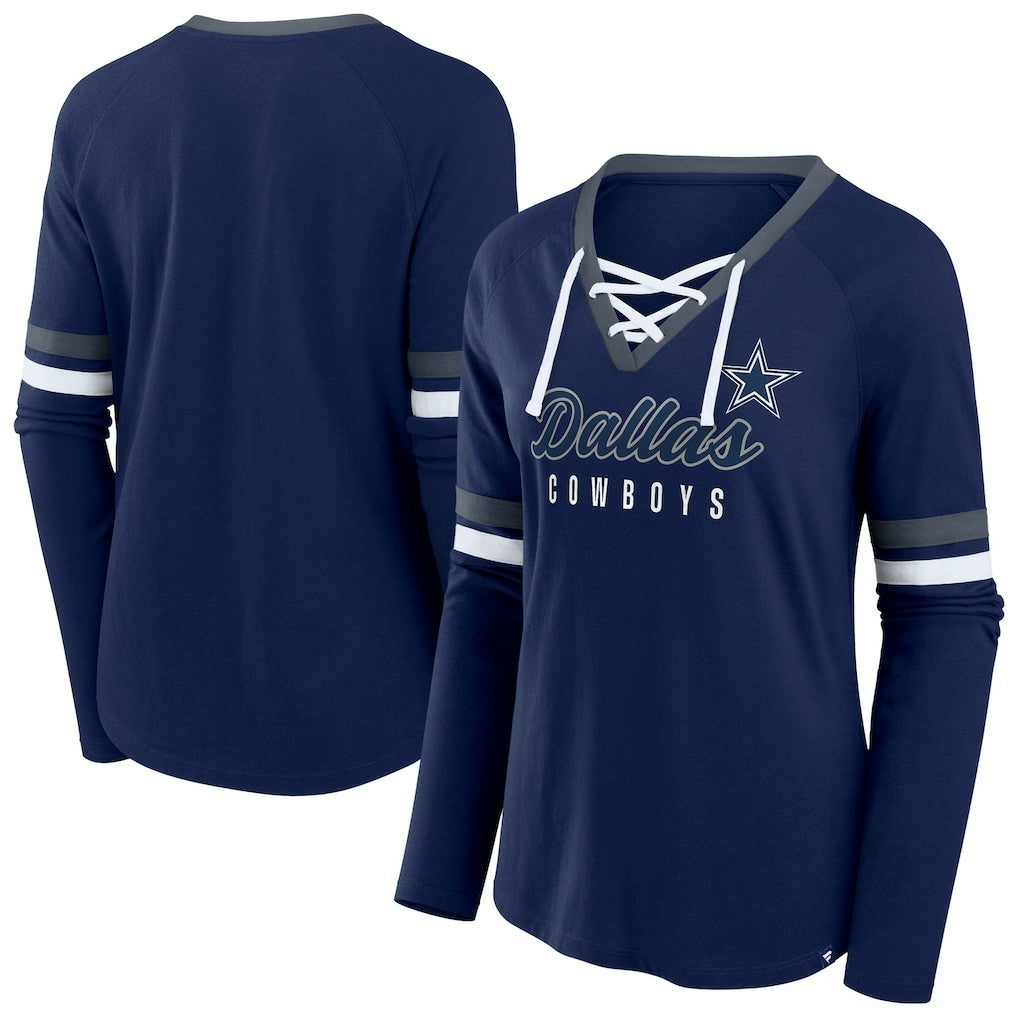 Dallas Cowboys Women's Plus Size Won & Done Lace-Up V-Neck Long Sleeve T-Shirt Navy