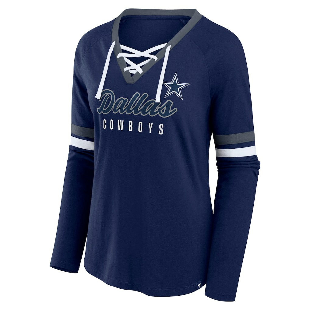 Dallas Cowboys Women's Plus Size Won & Done Lace-Up V-Neck Long Sleeve T-Shirt Navy