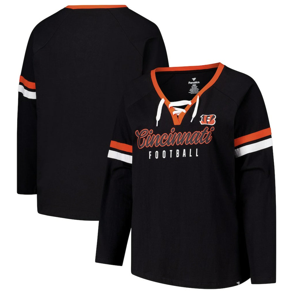 Cincinnati Bengals Women's Plus Size Won & Done Lace-Up V-Neck Long Sleeve T-Shirt Black