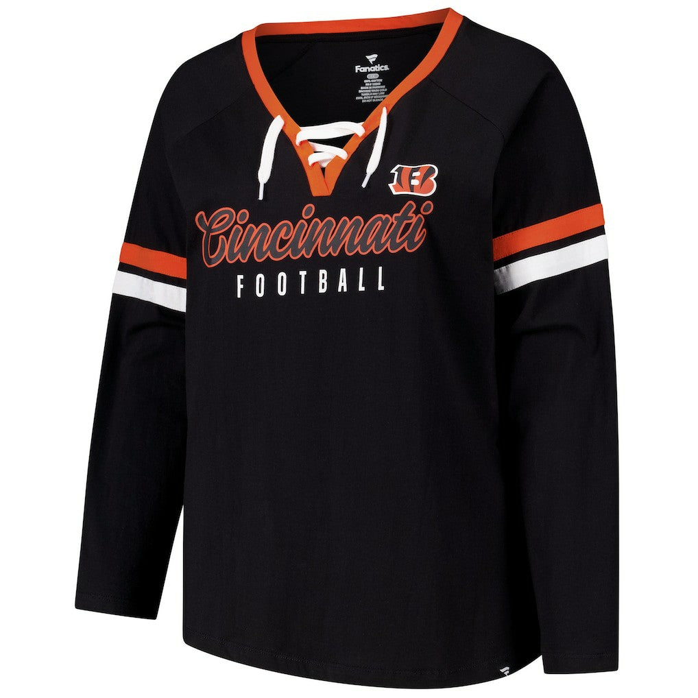 Cincinnati Bengals Women's Plus Size Won & Done Lace-Up V-Neck Long Sleeve T-Shirt Black