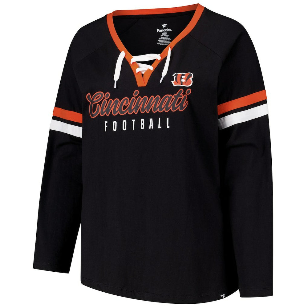Cincinnati Bengals Women's Plus Size Won & Done Lace-Up V-Neck Long Sleeve T-Shirt Black