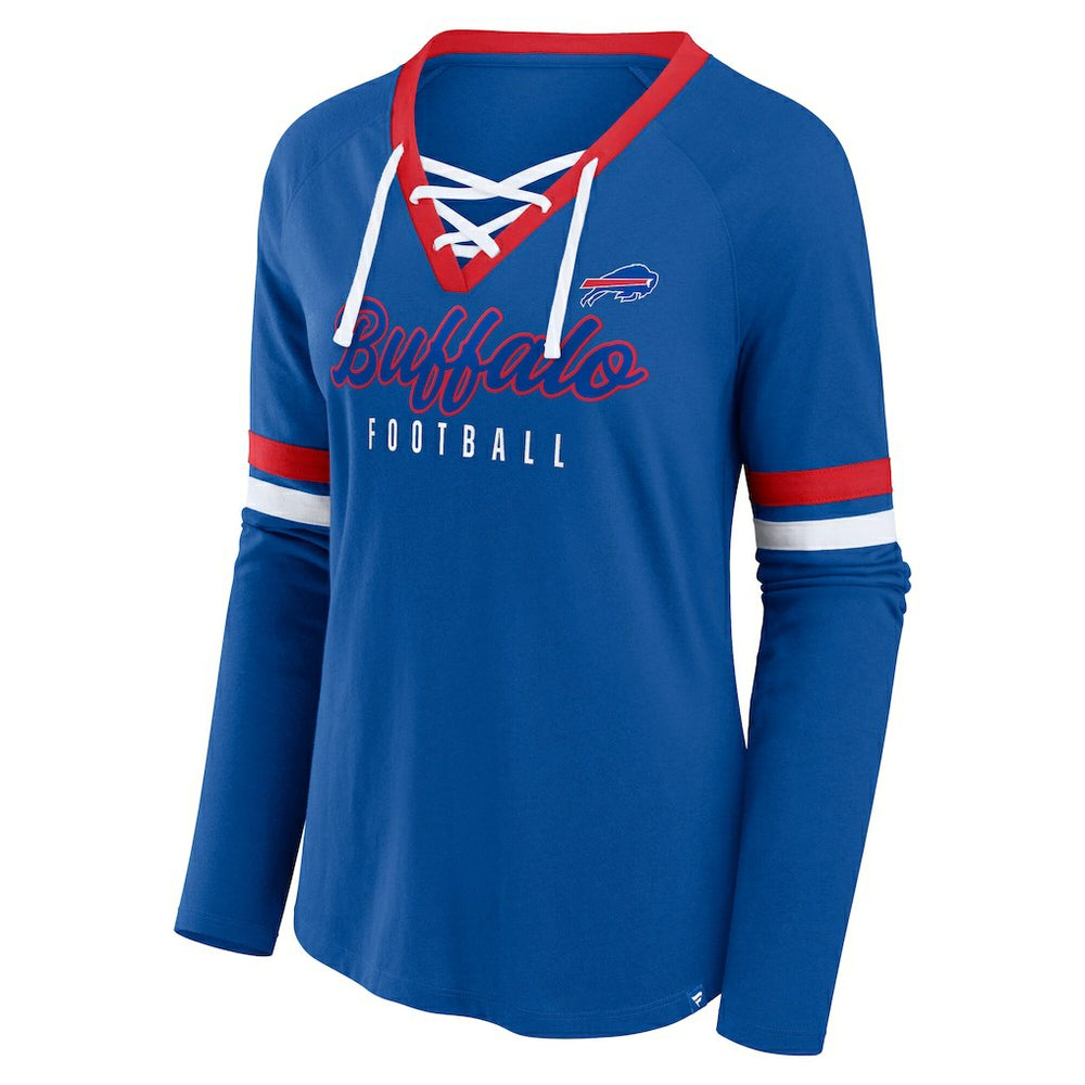 Buffalo Bills Women's Plus Size Won & Done Lace-Up V-Neck Long Sleeve T-Shirt Royal