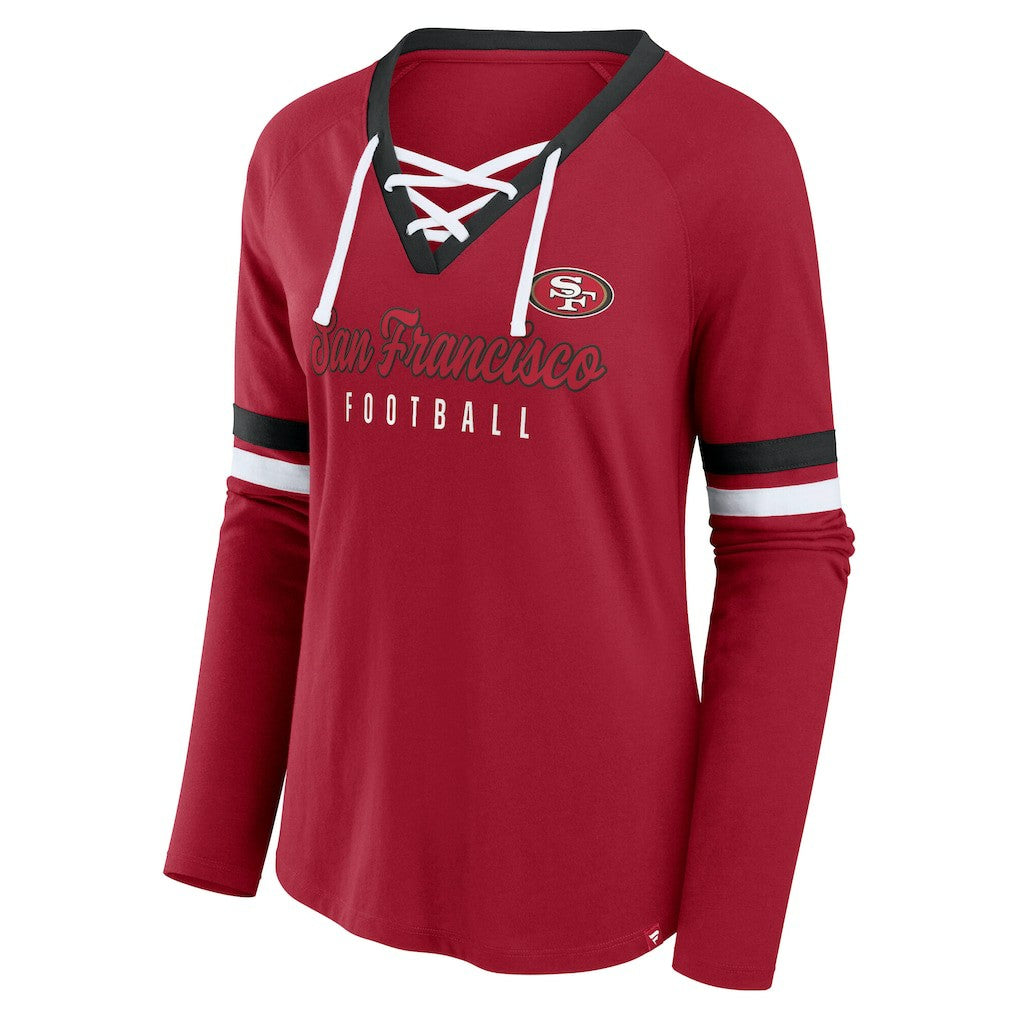 San Francisco 49ers Women's Plus Size Won & Done Lace-Up V-Neck Long Sleeve T-Shirt Scarlet