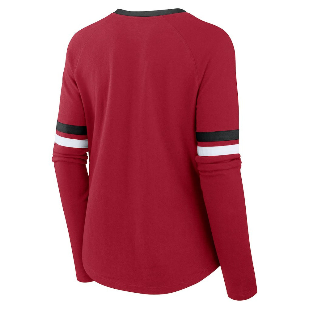 San Francisco 49ers Women's Plus Size Won & Done Lace-Up V-Neck Long Sleeve T-Shirt Scarlet