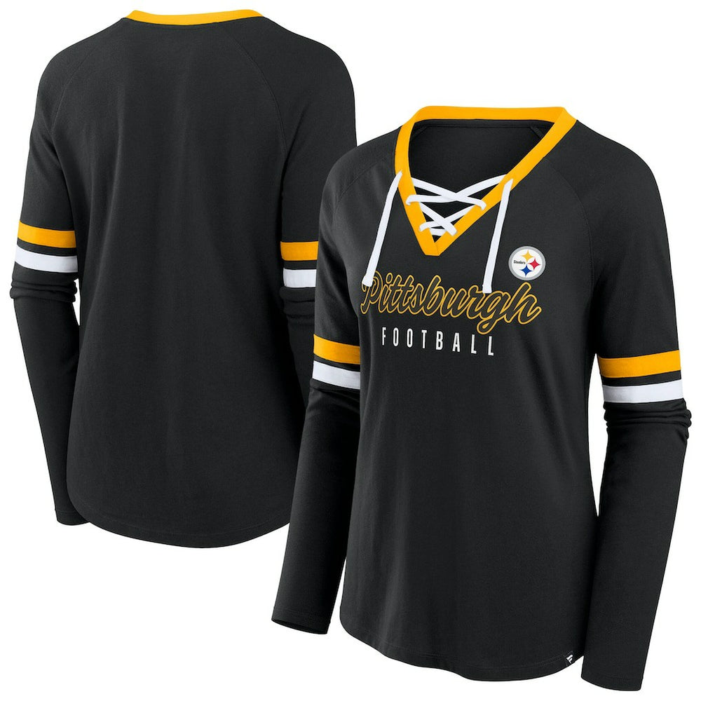 Pittsburgh Steelers Women's Plus Size Won & Done Lace-Up V-Neck Long Sleeve T-Shirt Black