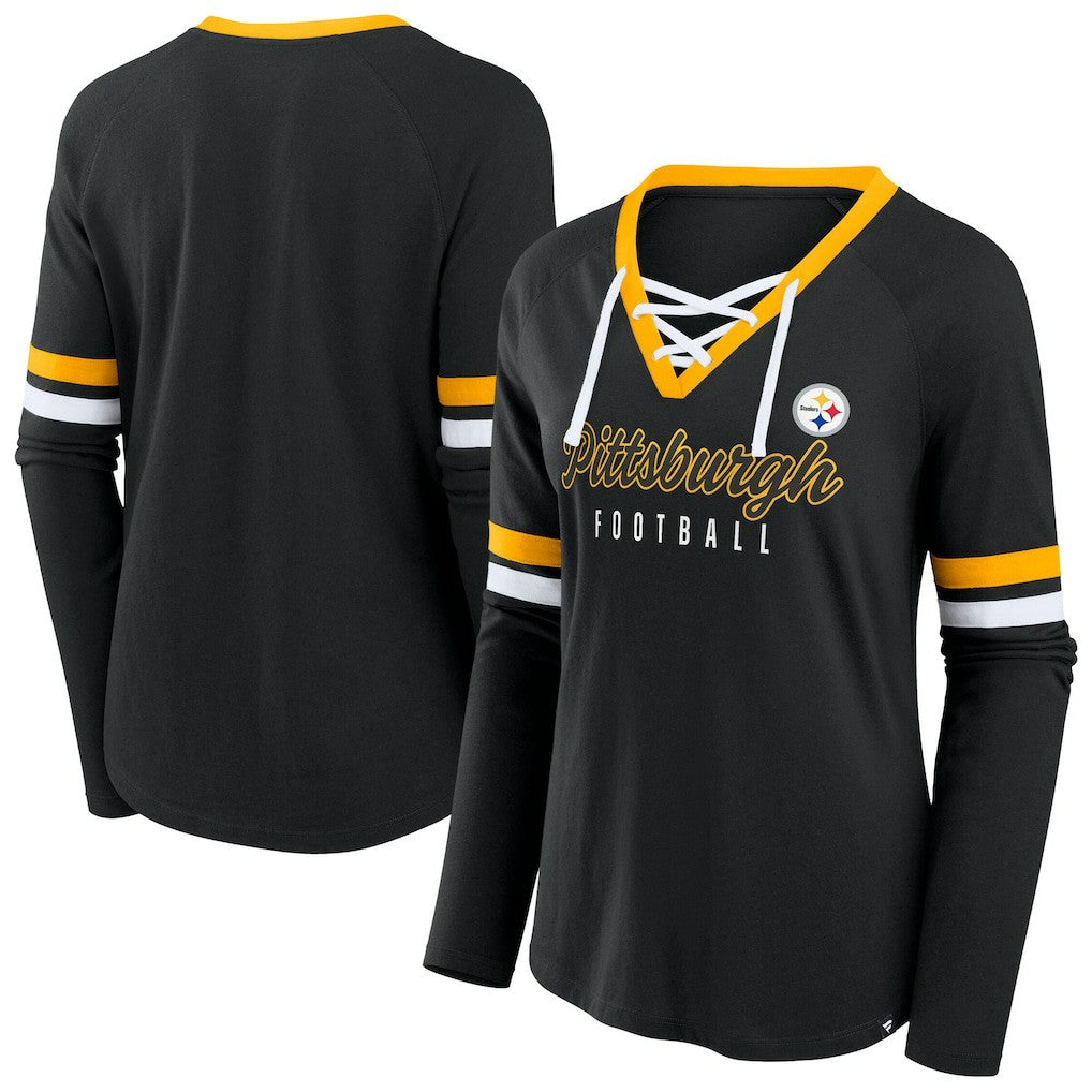 Pittsburgh Steelers Women's Plus Size Won & Done Lace-Up V-Neck Long Sleeve T-Shirt Black