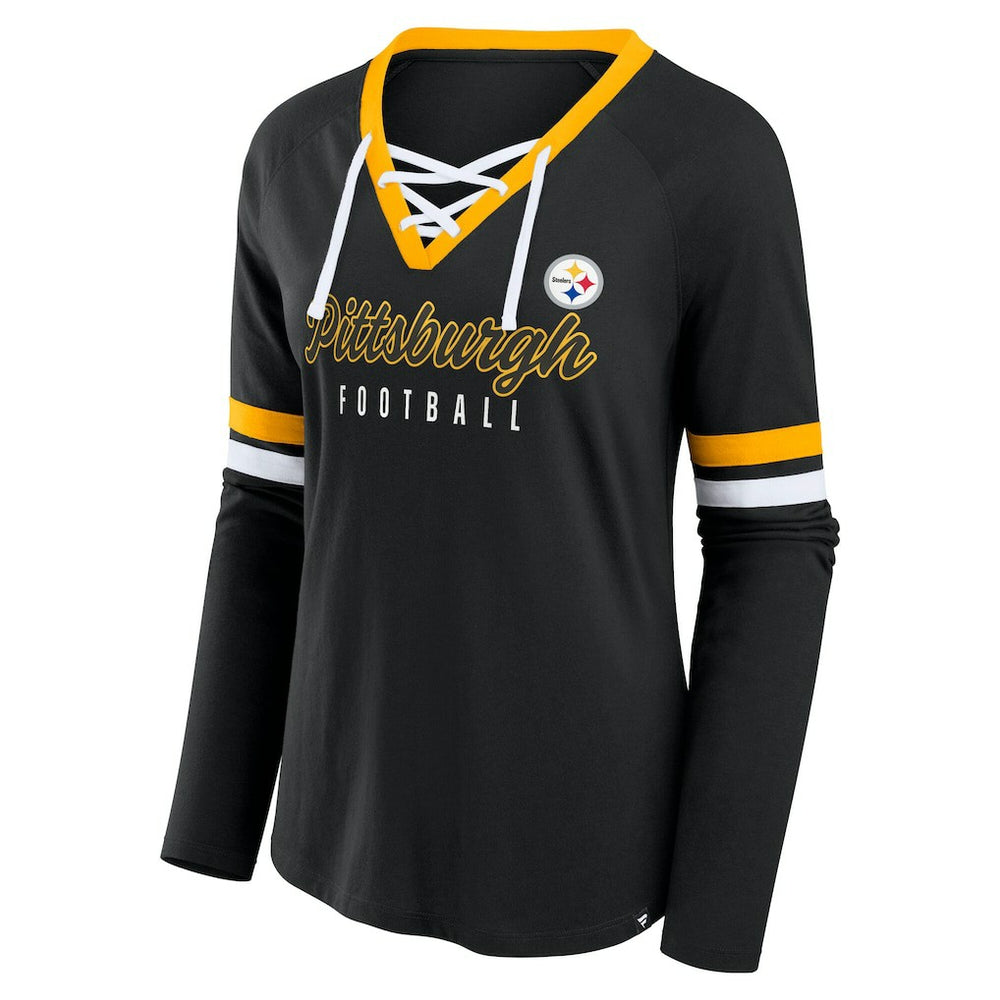 Pittsburgh Steelers Women's Plus Size Won & Done Lace-Up V-Neck Long Sleeve T-Shirt Black