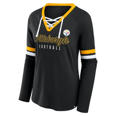 Pittsburgh Steelers Women's Plus Size Won & Done Lace-Up V-Neck Long Sleeve T-Shirt Black