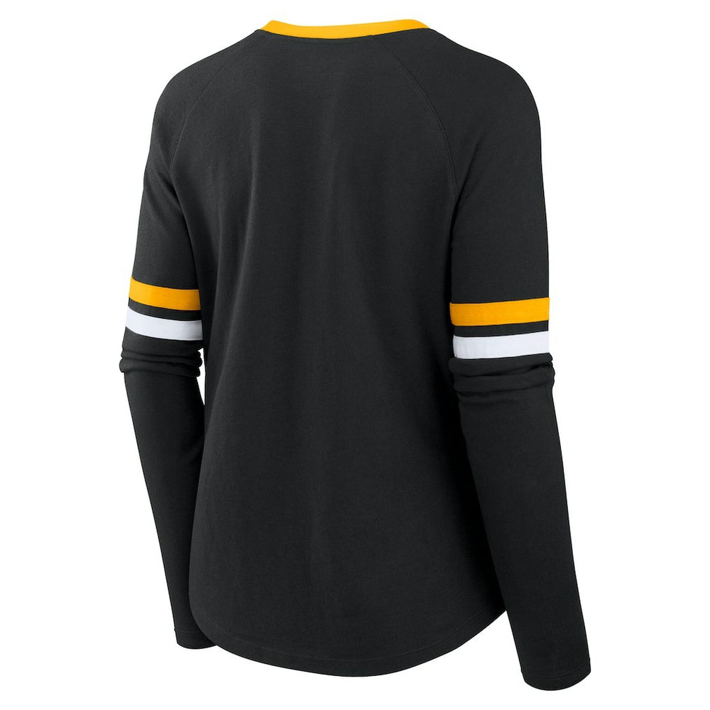 Pittsburgh Steelers Women's Plus Size Won & Done Lace-Up V-Neck Long Sleeve T-Shirt Black