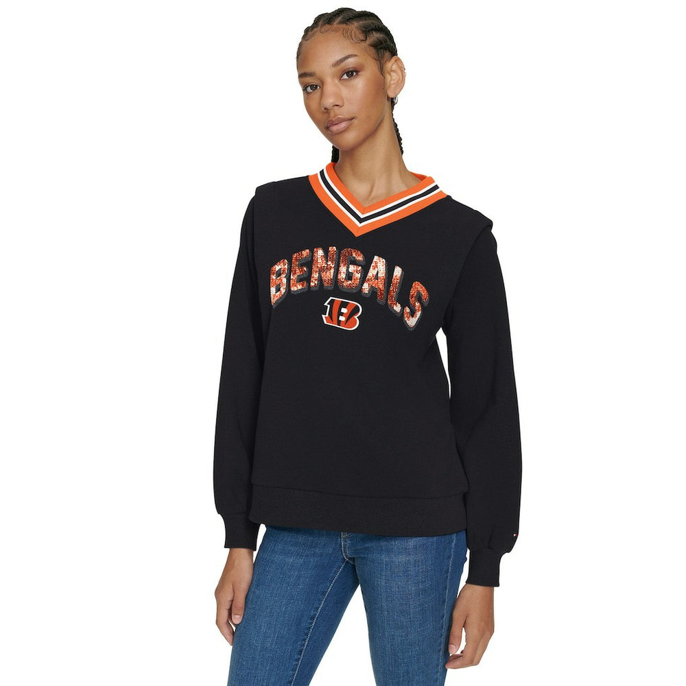 Cincinnati Bengals Tommy Hilfiger Women's Alice V-Neck Pullover Sweatshirt Black