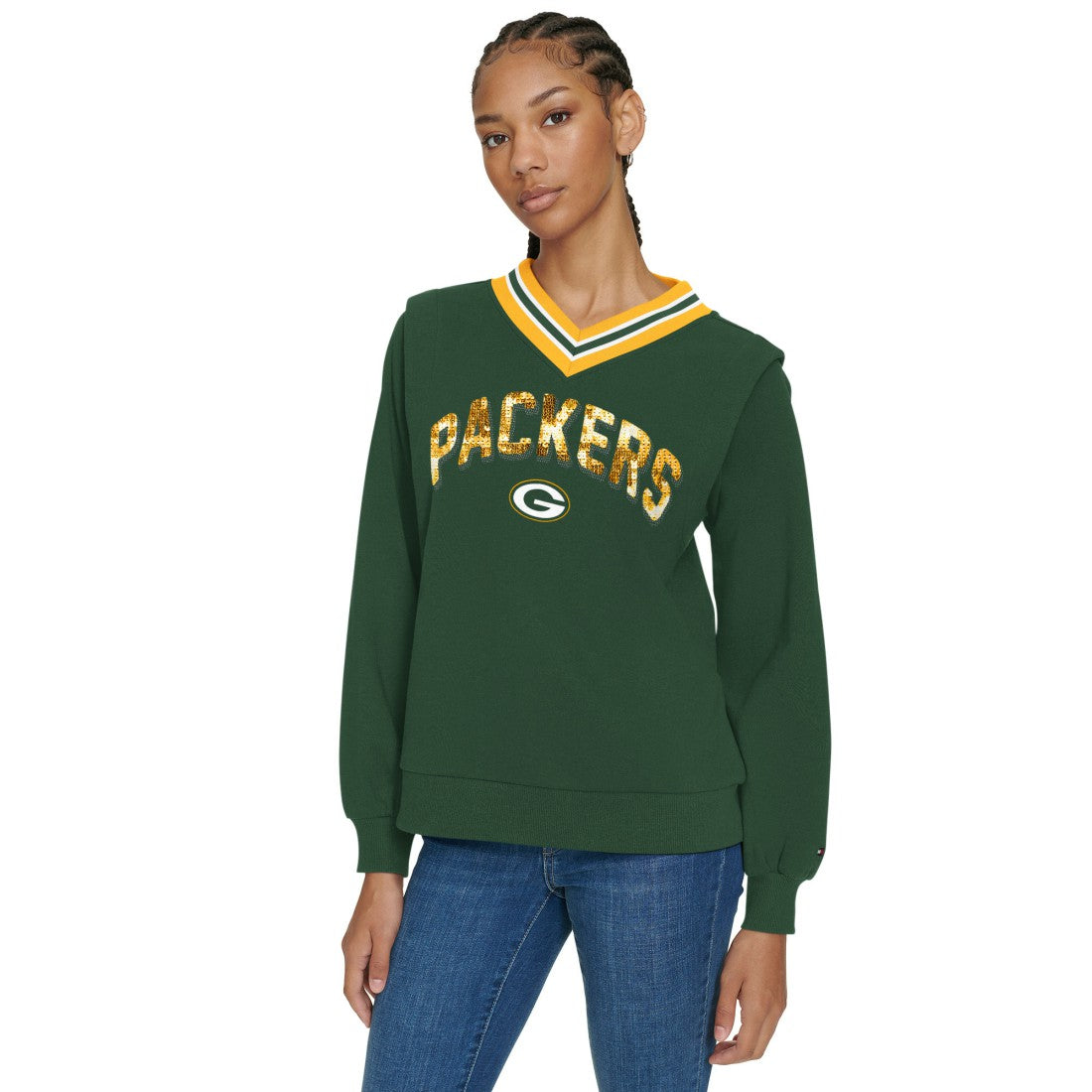 Green Bay Packers Tommy Hilfiger Women's Alice V-Neck Pullover Sweatshirt Green