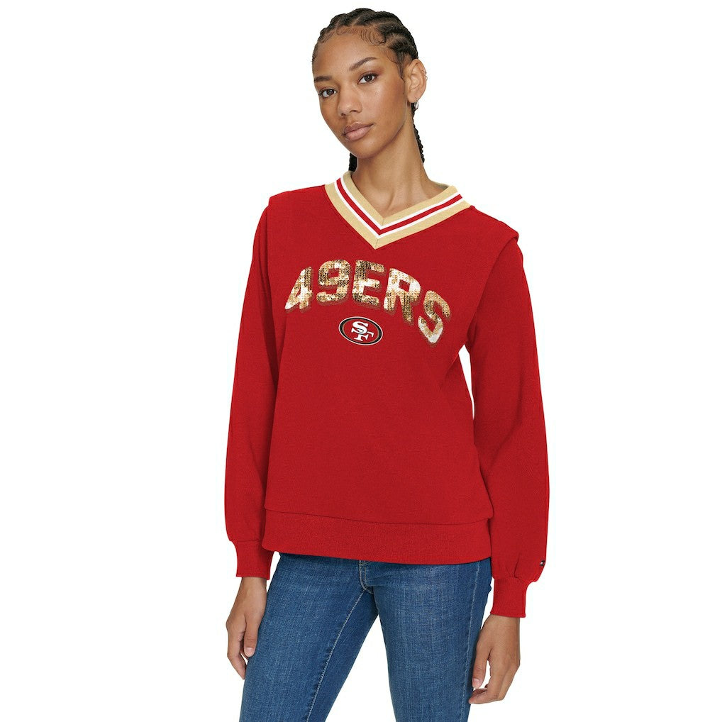 San Francisco 49ers Tommy Hilfiger Women's Alice V-Neck Pullover Sweatshirt Scarlet