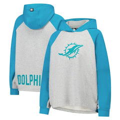 Miami Dolphins DKNY Sport Women's Joy Cropped Raglan Pullover Hoodie - Gray/Aqua