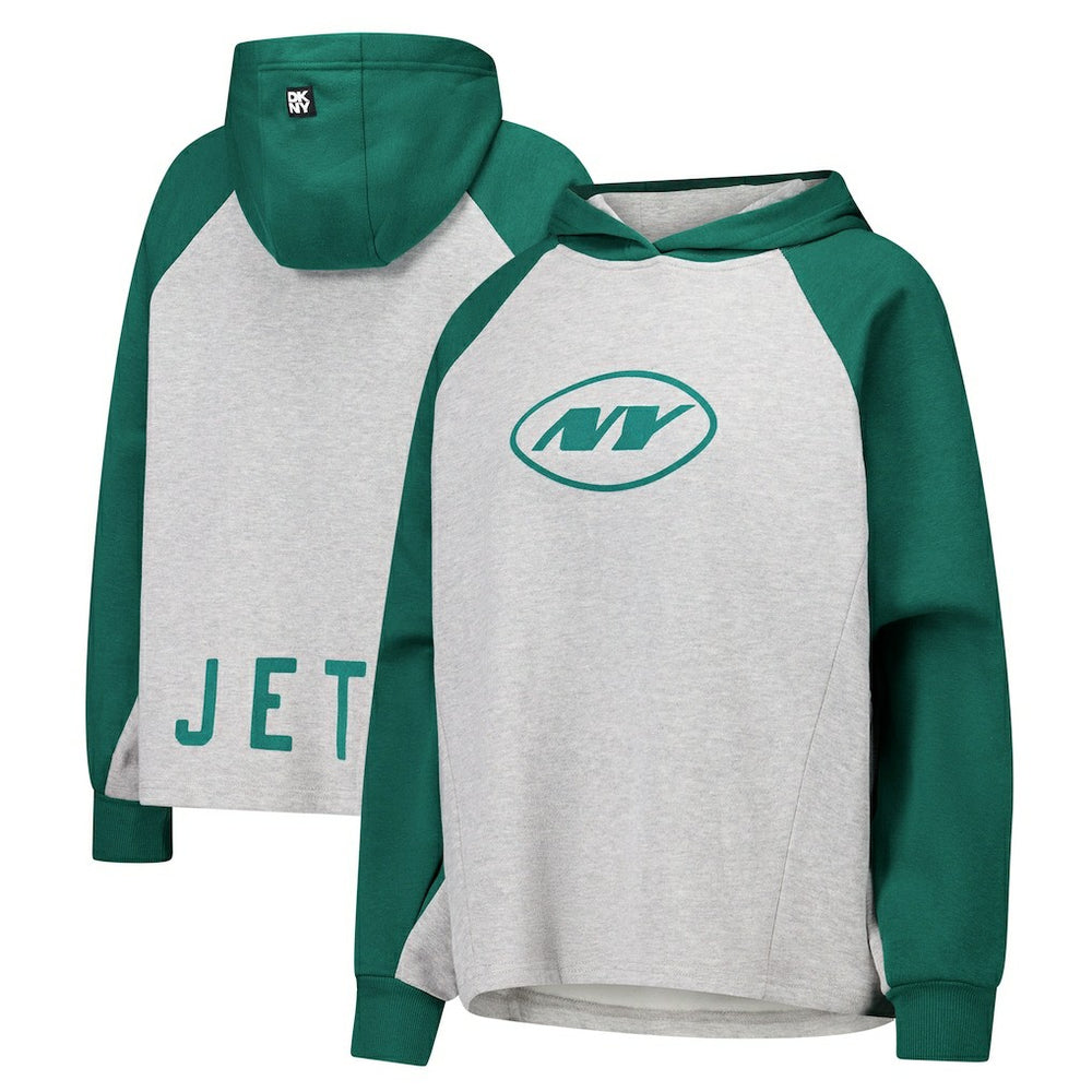 New York Jets DKNY Sport Women's Joy Cropped Raglan Pullover Hoodie - Gray/Green