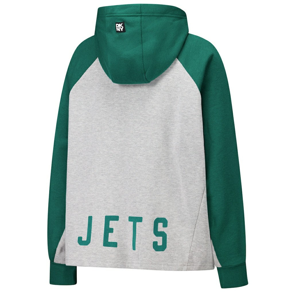 New York Jets DKNY Sport Women's Joy Cropped Raglan Pullover Hoodie - Gray/Green