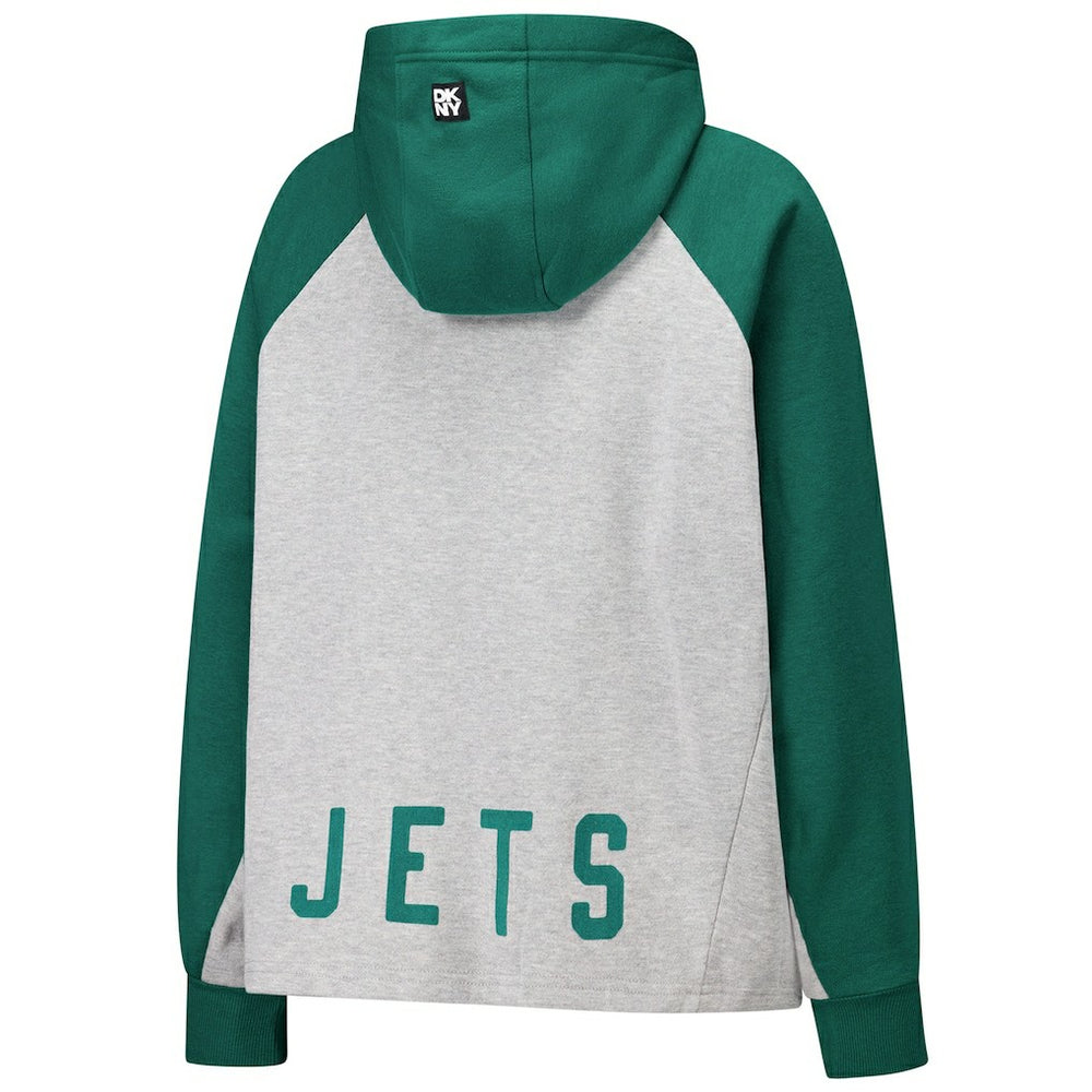 New York Jets DKNY Sport Women's Joy Cropped Raglan Pullover Hoodie - Gray/Green