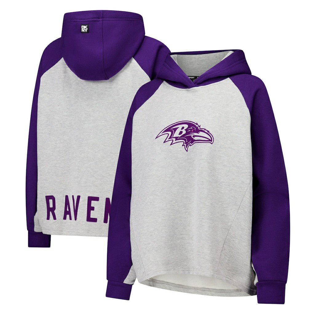 Baltimore Ravens DKNY Sport Women's Joy Cropped Raglan Pullover Hoodie - Gray/Purple