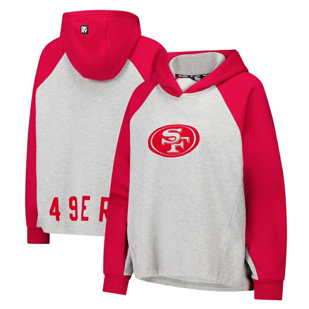 San Francisco 49ers DKNY Sport Women's Joy Cropped Raglan Pullover Hoodie - Gray/Scarlet