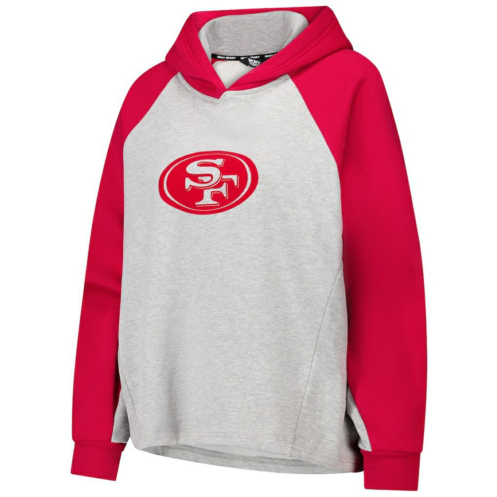 San Francisco 49ers DKNY Sport Women's Joy Cropped Raglan Pullover Hoodie - Gray/Scarlet