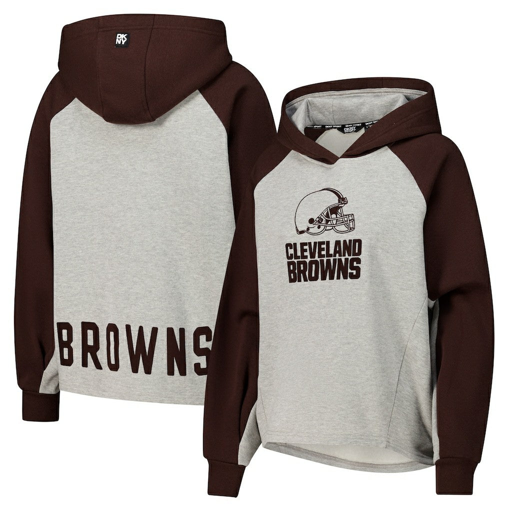 Cleveland Browns DKNY Sport Women's Joy Cropped Raglan Pullover Hoodie - Gray/Brown