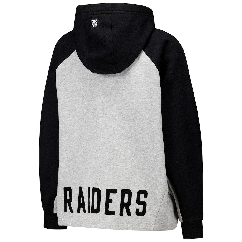 Las Vegas Raiders DKNY Sport Women's Joy Cropped Raglan Pullover Hoodie - Gray/Black