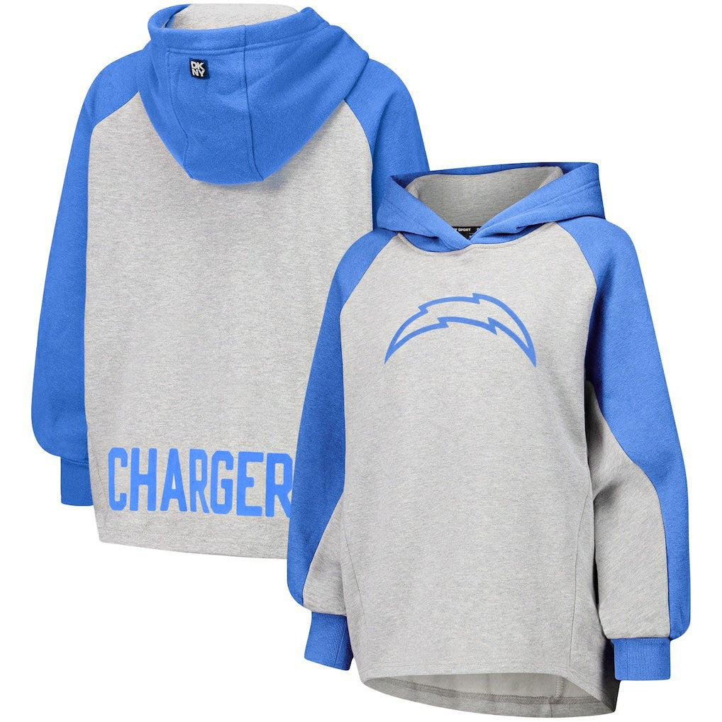 Los Angeles Chargers DKNY Sport Women's Joy Cropped Raglan Pullover Hoodie - Gray/Powder Blue