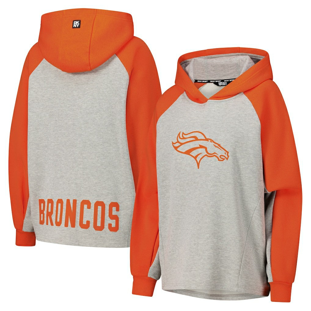 Denver Broncos DKNY Sport Women's Joy Cropped Raglan Pullover Hoodie - Gray/Orange