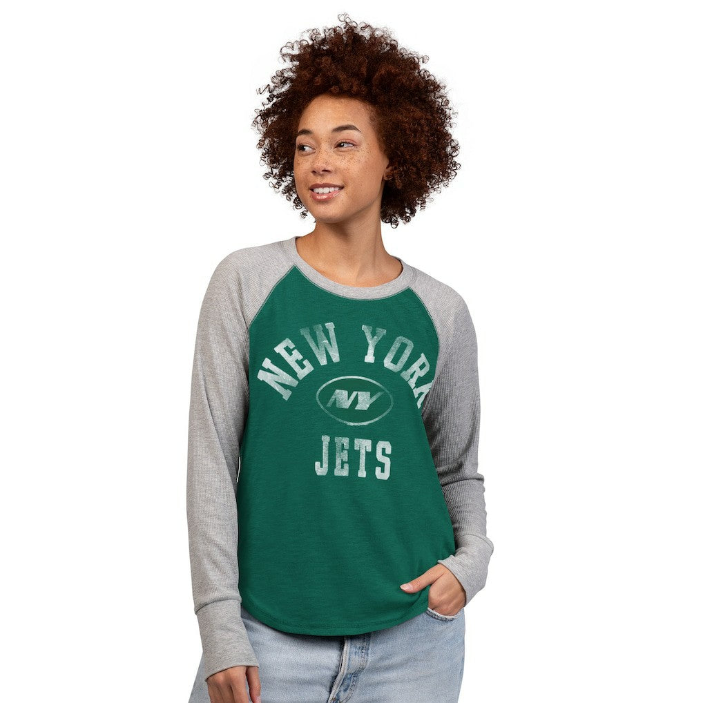 New York Jets G-III 4Her by Carl Banks Women's Waffle Knit Raglan Long Sleeve T-Shirt Green/Heather Gray