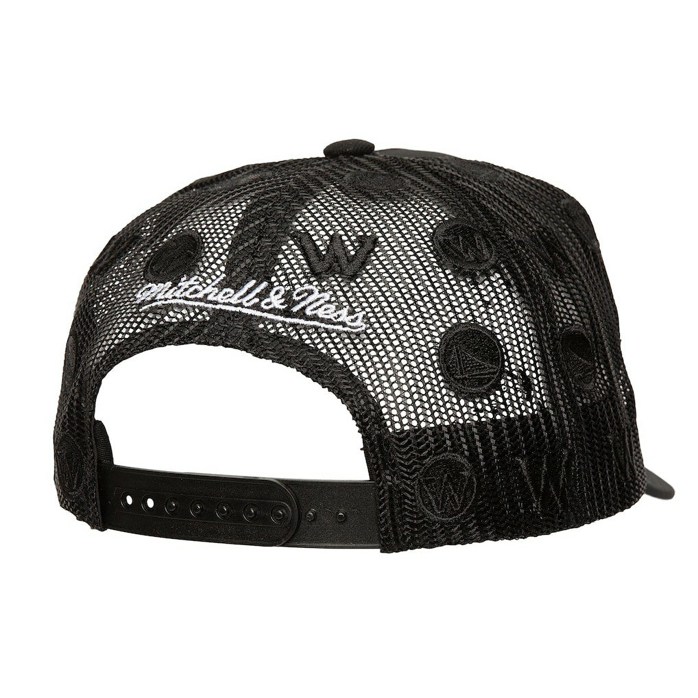 Golden State Warriors Monogram Allover Logo Mesh Trucker Adjustable Hat Black