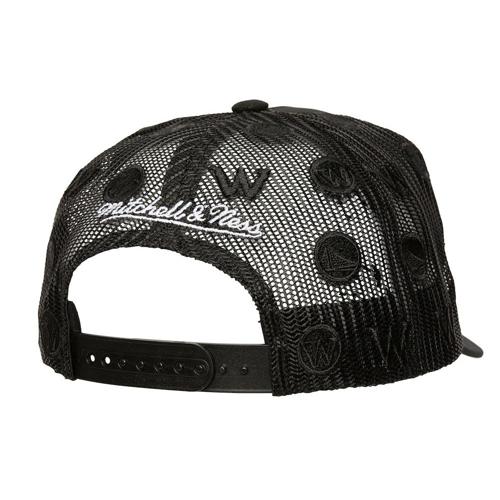 Golden State Warriors Monogram Allover Logo Mesh Trucker Adjustable Hat Black
