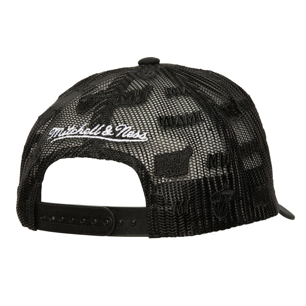 Miami Heat Monogram Allover Logo Mesh Trucker Adjustable Hat Black