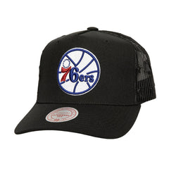 Philadelphia 76ers Monogram Allover Logo Mesh Trucker Adjustable Hat Black