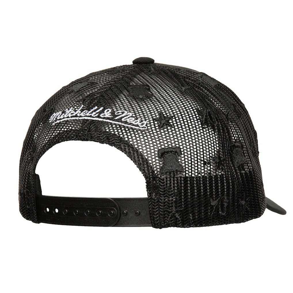 Philadelphia 76ers Monogram Allover Logo Mesh Trucker Adjustable Hat Black