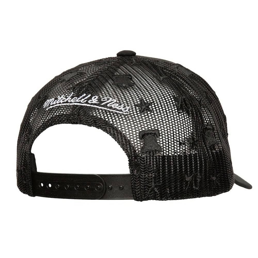 Philadelphia 76ers Monogram Allover Logo Mesh Trucker Adjustable Hat Black