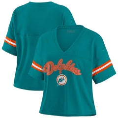 Miami Dolphins WEAR by Erin Andrews Women's Plus Size Color Block Boxy V-Neck T-Shirt Aqua