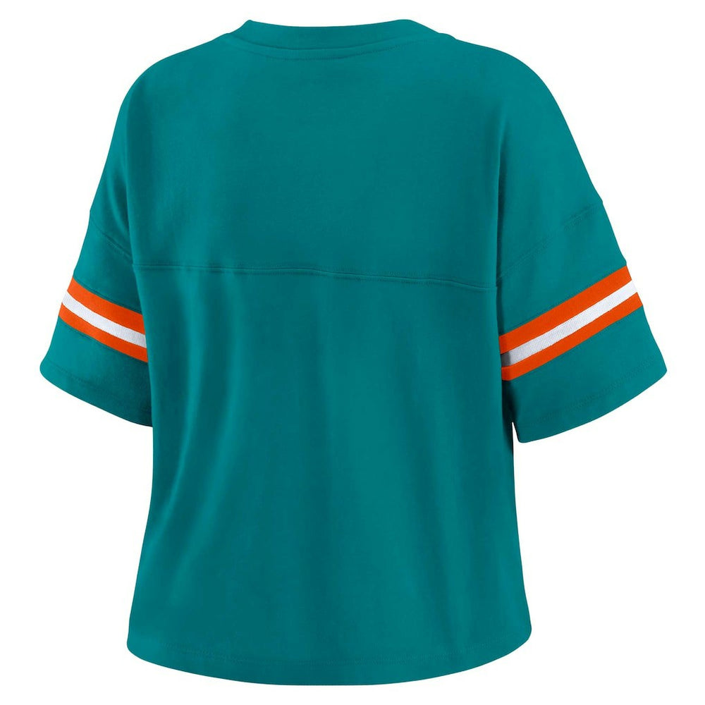 Miami Dolphins WEAR by Erin Andrews Women's Plus Size Color Block Boxy V-Neck T-Shirt Aqua