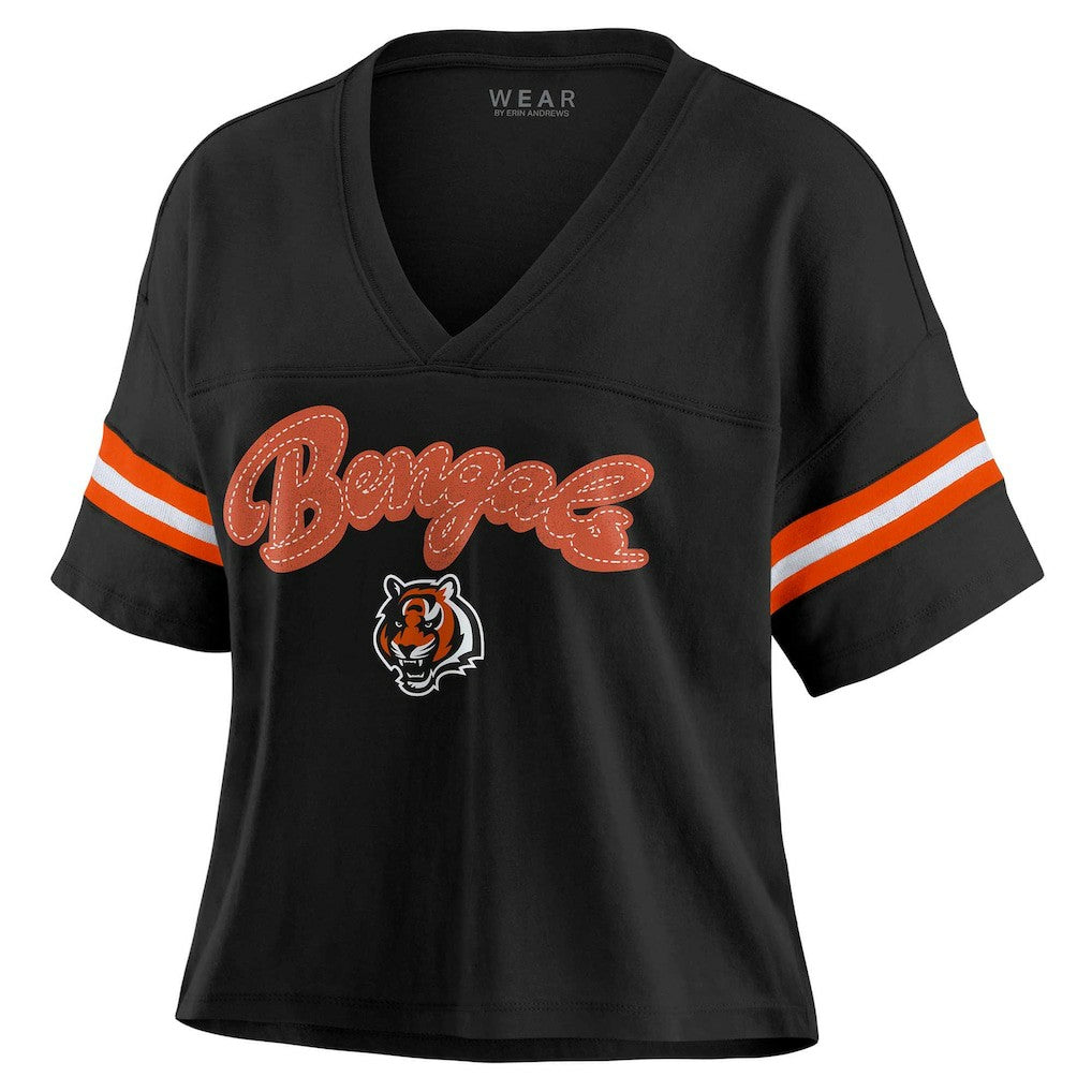 Cincinnati Bengals WEAR by Erin Andrews Women's Plus Size Color Block Boxy V-Neck T-Shirt Black