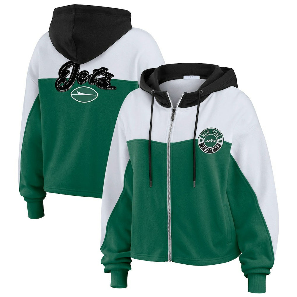 New York Jets WEAR by Erin Andrews Women's Color Block Full-Zip Hoodie Green/White