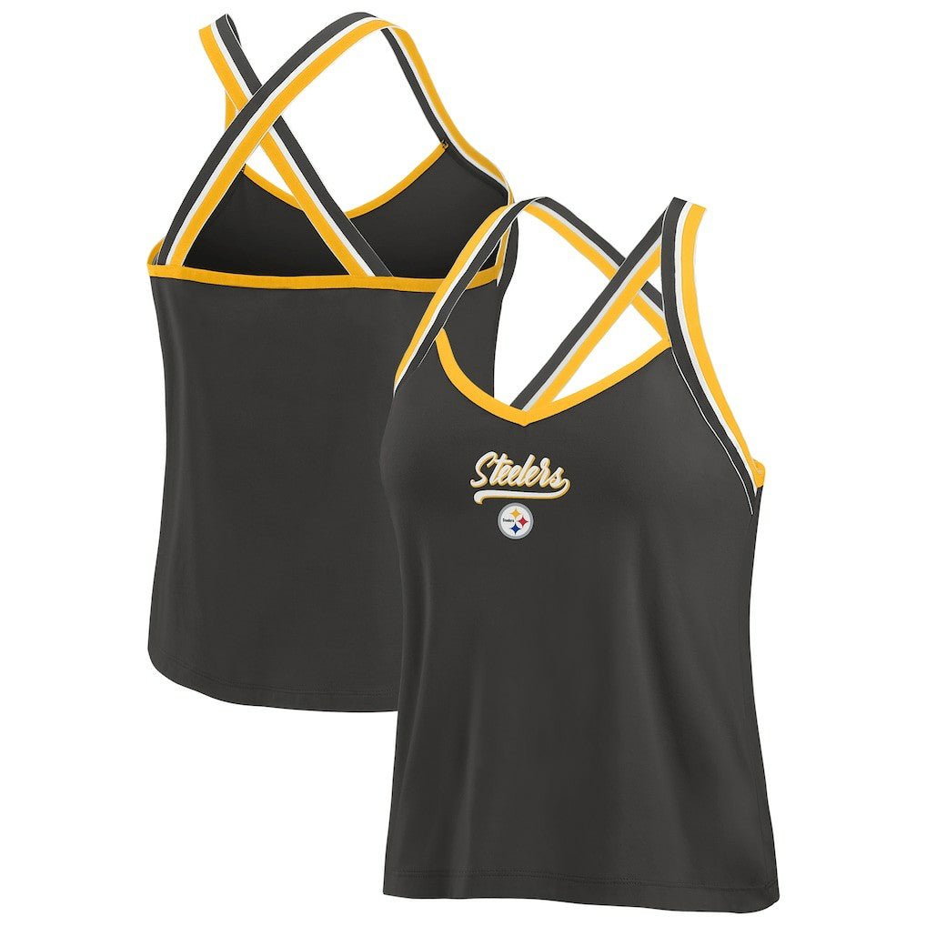 Pittsburgh Steelers WEAR by Erin Andrews Women's Cross Strap Tri-Blend Tank Top Black