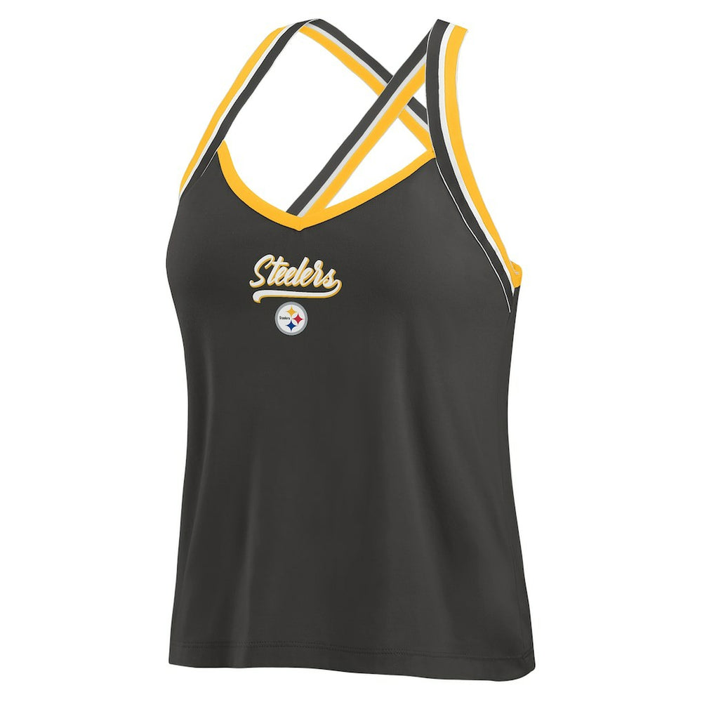 Pittsburgh Steelers WEAR by Erin Andrews Women's Cross Strap Tri-Blend Tank Top Black