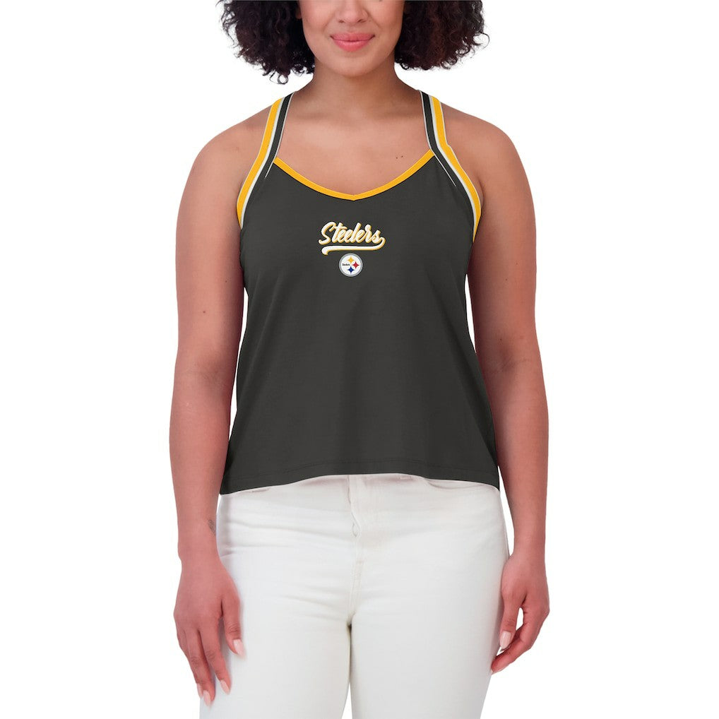Pittsburgh Steelers WEAR by Erin Andrews Women's Cross Strap Tri-Blend Tank Top Black